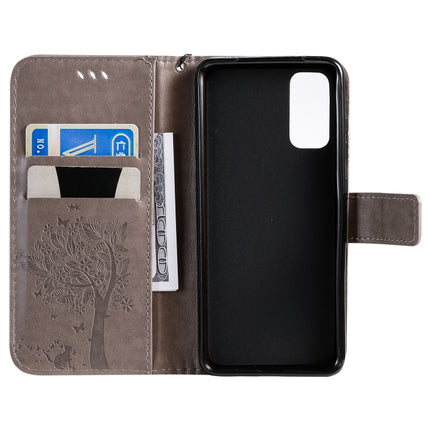 For Galaxy S20 Tree & Cat Pattern Pressed Printing Horizontal Flip PU Leather Case with Holder & Card Slots & Wallet & Lanyard(Grey)-garmade.com