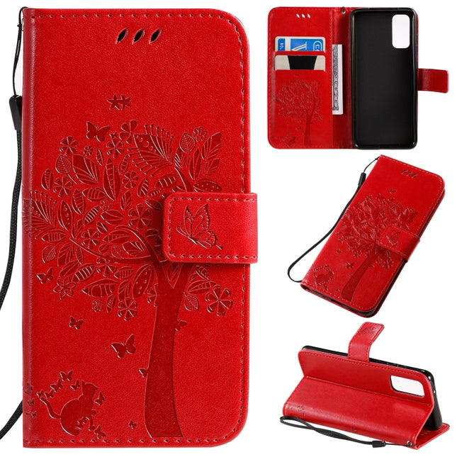 For Galaxy S20 Tree & Cat Pattern Pressed Printing Horizontal Flip PU Leather Case with Holder & Card Slots & Wallet & Lanyard(Red)-garmade.com