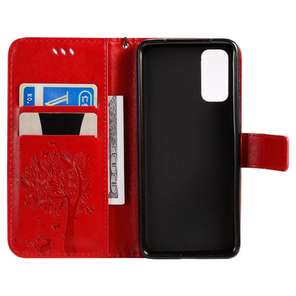 For Galaxy S20 Tree & Cat Pattern Pressed Printing Horizontal Flip PU Leather Case with Holder & Card Slots & Wallet & Lanyard(Red)-garmade.com