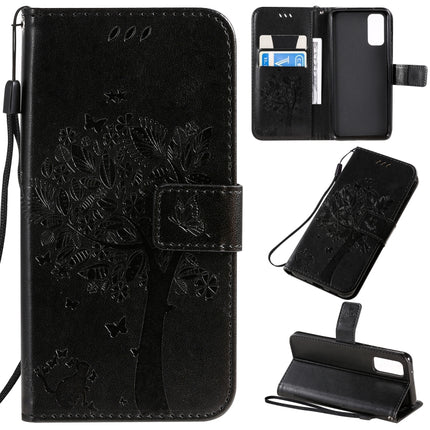 For Galaxy S20 Tree & Cat Pattern Pressed Printing Horizontal Flip PU Leather Case with Holder & Card Slots & Wallet & Lanyard(Black)-garmade.com