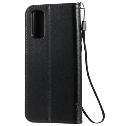 For Galaxy S20 Tree & Cat Pattern Pressed Printing Horizontal Flip PU Leather Case with Holder & Card Slots & Wallet & Lanyard(Black)-garmade.com
