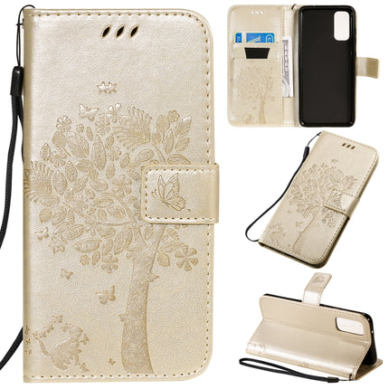 For Galaxy S20 Tree & Cat Pattern Pressed Printing Horizontal Flip PU Leather Case with Holder & Card Slots & Wallet & Lanyard(Gold)-garmade.com