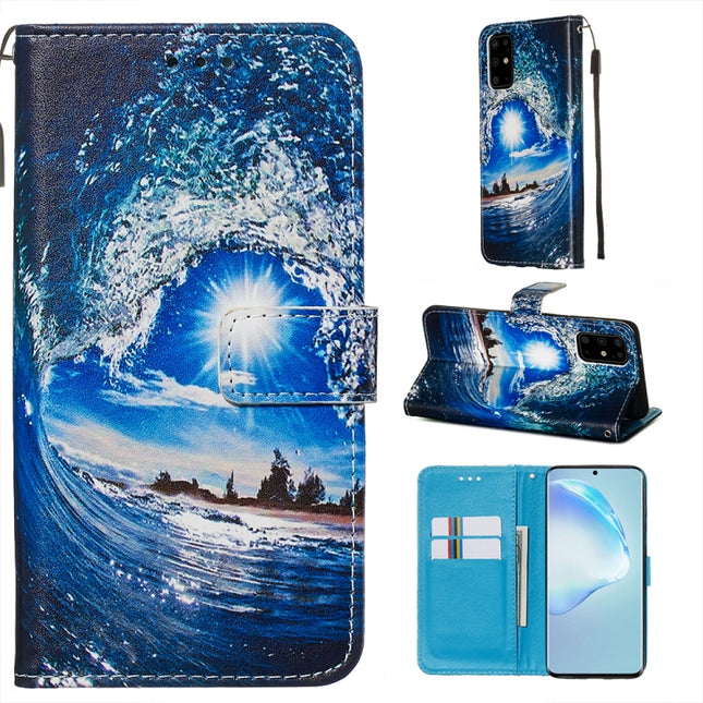 For Galaxy S20+ Colored Drawing Pattern Plain Weave Horizontal Flip Leather Case with Holder & Card Slot & Wallet&Lanyard(Waves and Sun)-garmade.com