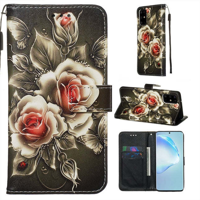 For Galaxy S20+ Colored Drawing Pattern Plain Weave Horizontal Flip Leather Case with Holder & Card Slot & Wallet&Lanyard(Rose on Black)-garmade.com