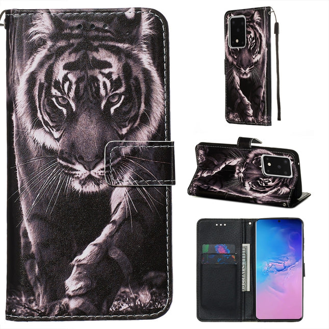For Galaxy S20 Ultra Colored Drawing Pattern Plain Weave Horizontal Flip Leather Case with Holder & Card Slot & Wallet&Lanyard(Black and white Tiger)-garmade.com
