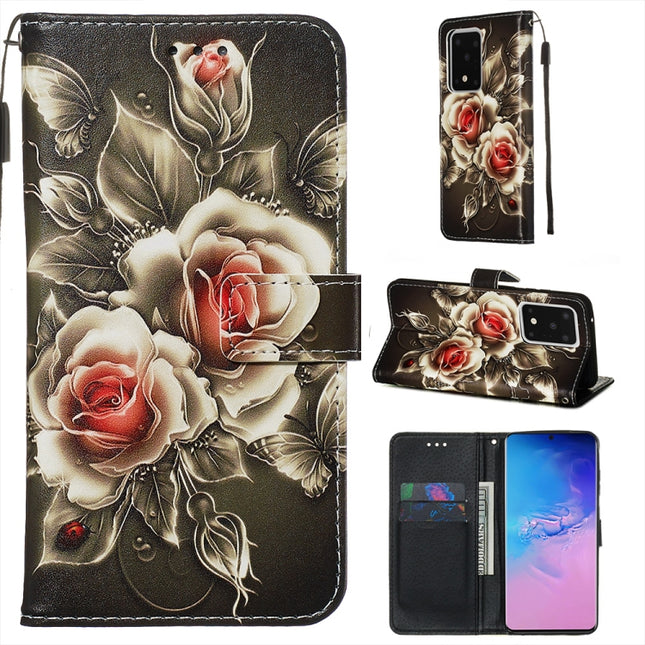 For Galaxy S20 Ultra Colored Drawing Pattern Plain Weave Horizontal Flip Leather Case with Holder & Card Slot & Wallet&Lanyard(Rose on Black)-garmade.com