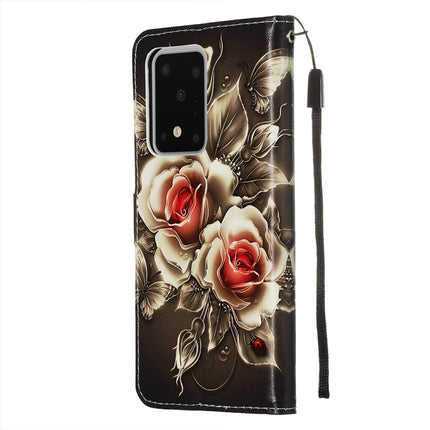 For Galaxy S20 Ultra Colored Drawing Pattern Plain Weave Horizontal Flip Leather Case with Holder & Card Slot & Wallet&Lanyard(Rose on Black)-garmade.com