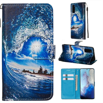 For Galaxy S20 Colored Drawing Pattern Plain Weave Horizontal Flip Leather Case with Holder & Card Slot & Wallet&Lanyard(Waves and Sun)-garmade.com