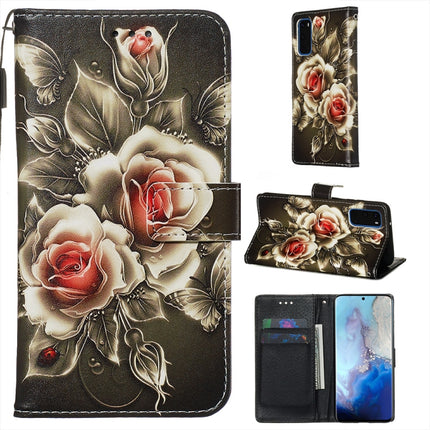 For Galaxy S20 Colored Drawing Pattern Plain Weave Horizontal Flip Leather Case with Holder & Card Slot & Wallet&Lanyard(Rose on Black)-garmade.com