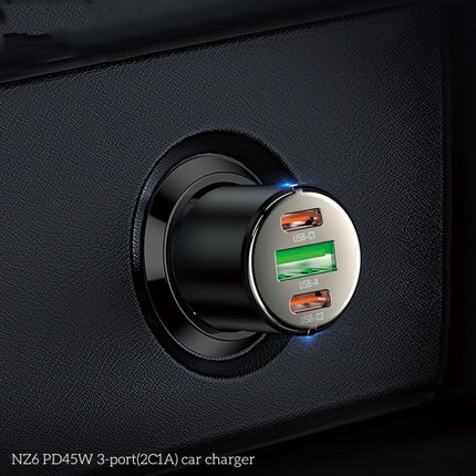 hoco NZ6 Dual Type-C / USB-C + USB PD45W 3-port Car Charger(Black)-garmade.com