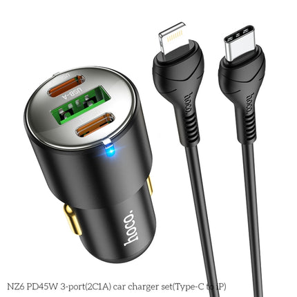 hoco NZ6 Dual Type-C / USB-C + USB PD45W 3-port Car Charger with Type-C / USB-C to 8 Pin Charging Cable(Black)-garmade.com