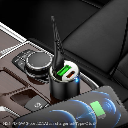 hoco NZ6 Dual Type-C / USB-C + USB PD45W 3-port Car Charger with Type-C / USB-C to 8 Pin Charging Cable(Black)-garmade.com