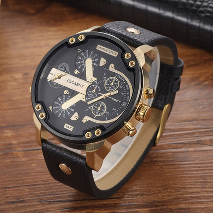 CAGARNY 6820 Round Large Dial Leather Band Quartz Dual Movement Watch For Men(Gold Between Black Band)-garmade.com