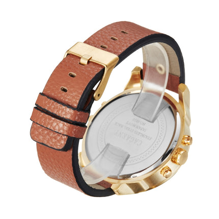 CAGARNY 6820 Round Large Dial Leather Band Quartz Dual Movement Watch For Men(Gold Between Brown Band)-garmade.com
