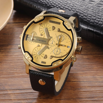 CAGARNY 6820 Round Large Dial Leather Band Quartz Dual Movement Watch For Men(Gold Surface Black Band)-garmade.com