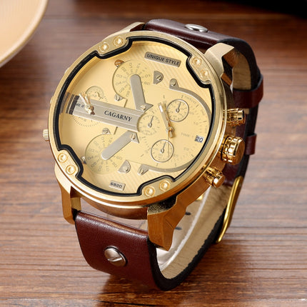 CAGARNY 6820 Round Large Dial Leather Band Quartz Dual Movement Watch For Men(Gold Surface Dark Brown Band)-garmade.com