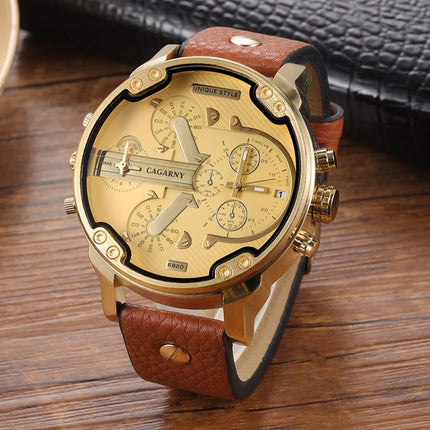 CAGARNY 6820 Round Large Dial Leather Band Quartz Dual Movement Watch For Men(Gold Surface Light Brown Band)-garmade.com