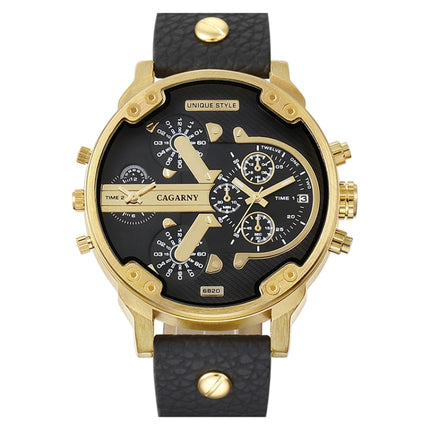CAGARNY 6820 Round Large Dial Leather Band Quartz Dual Movement Watch For Men(Gold Black Surface Black Band)-garmade.com