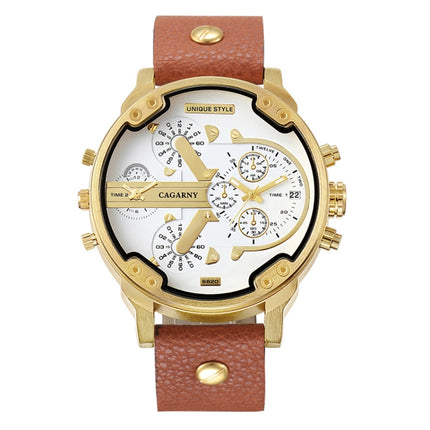 CAGARNY 6820 Round Large Dial Leather Band Quartz Dual Movement Watch For Men(Gold White Surface Brown Band)-garmade.com
