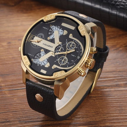CAGARNY 6820 Round Large Dial Leather Band Quartz Dual Movement Watch For Men(Gold Black Surface White Eye Black Band)-garmade.com