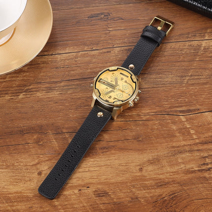 CAGARNY 6820 Round Large Dial Leather Band Quartz Dual Movement Watch For Men(Gold Black Surface Black Band)-garmade.com