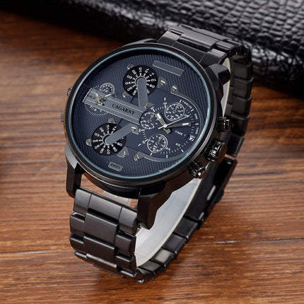CAGARNY 6820 Round Large Dial Steel Band Quartz Dual Movement Watch For Men(Black Surface Steel Band)-garmade.com
