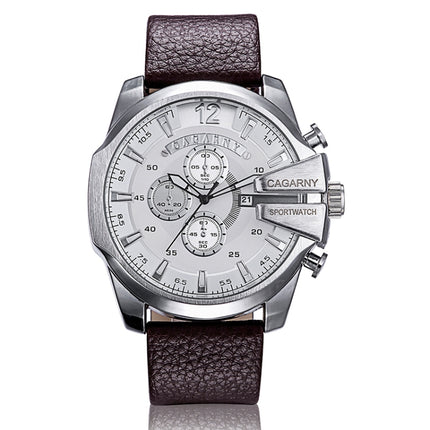 CAGARNY 6839 Irregular Large Dial Leather Band Quartz Sports Watch For Men(Silver White Brown)-garmade.com