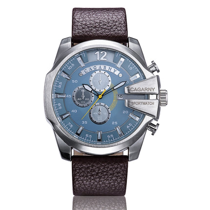 CAGARNY 6839 Irregular Large Dial Leather Band Quartz Sports Watch For Men(Silver Blue Brown)-garmade.com