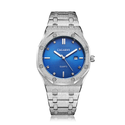 CAGARNY 6885 Simple Stone Surface Quartz Steel Band Watch For Men(Silver Shell Blue Surface)-garmade.com