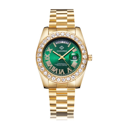 CAGARNY 6886 Diamond-encrusted Roman Numeral Dial Quartz Watch for Men(Gold Shell Green Dial)-garmade.com