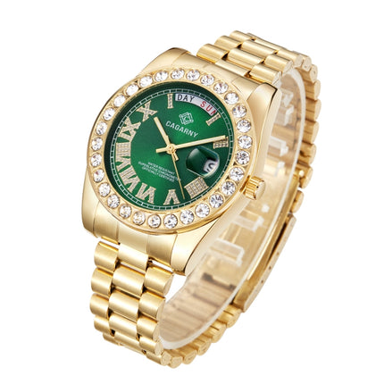 CAGARNY 6886 Diamond-encrusted Roman Numeral Dial Quartz Watch for Men(Gold Shell Green Dial)-garmade.com