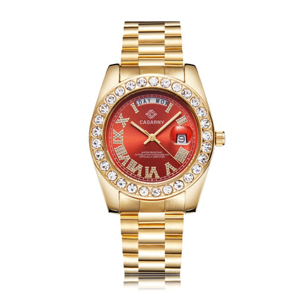 CAGARNY 6886 Diamond-encrusted Roman Numeral Dial Quartz Watch for Men(Gold Shell Red Dial)-garmade.com