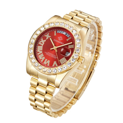 CAGARNY 6886 Diamond-encrusted Roman Numeral Dial Quartz Watch for Men(Gold Shell Red Dial)-garmade.com