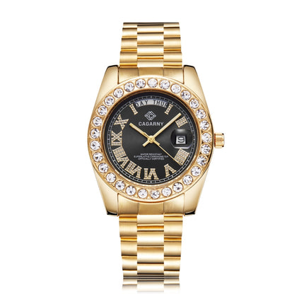 CAGARNY 6886 Diamond-encrusted Roman Numeral Dial Quartz Watch for Men(Gold Shell Black Dial)-garmade.com