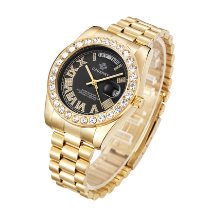 CAGARNY 6886 Diamond-encrusted Roman Numeral Dial Quartz Watch for Men(Gold Shell Black Dial)-garmade.com