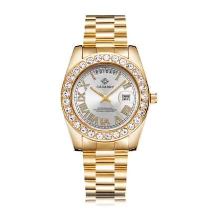 CAGARNY 6886 Diamond-encrusted Roman Numeral Dial Quartz Watch for Men(Gold Shell White Dial)-garmade.com