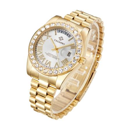 CAGARNY 6886 Diamond-encrusted Roman Numeral Dial Quartz Watch for Men(Gold Shell White Dial)-garmade.com