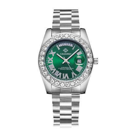 CAGARNY 6886 Diamond-encrusted Roman Numeral Dial Quartz Watch for Men(Silver Shell Green Dial)-garmade.com