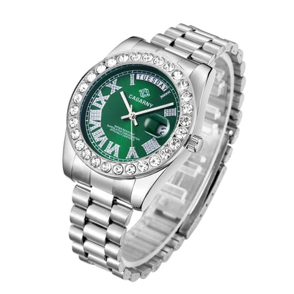 CAGARNY 6886 Diamond-encrusted Roman Numeral Dial Quartz Watch for Men(Silver Shell Green Dial)-garmade.com