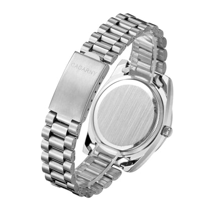 CAGARNY 6886 Diamond-encrusted Roman Numeral Dial Quartz Watch for Men(Silver Shell Green Dial)-garmade.com