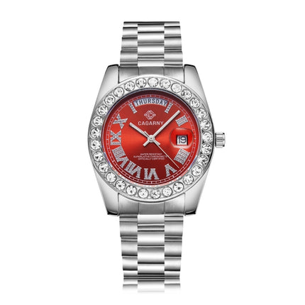 CAGARNY 6886 Diamond-encrusted Roman Numeral Dial Quartz Watch for Men(Silver Shell Red Dial)-garmade.com
