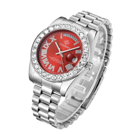 CAGARNY 6886 Diamond-encrusted Roman Numeral Dial Quartz Watch for Men(Silver Shell Red Dial)-garmade.com