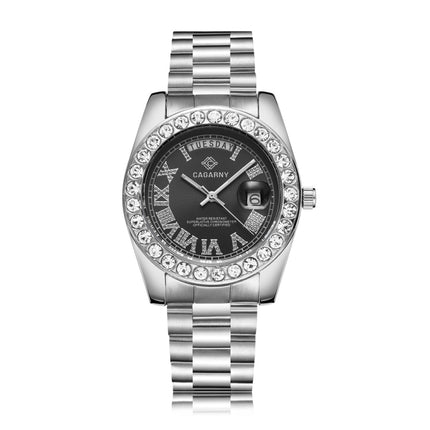 CAGARNY 6886 Diamond-encrusted Roman Numeral Dial Quartz Watch for Men(Silver Shell Black Dial)-garmade.com