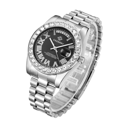 CAGARNY 6886 Diamond-encrusted Roman Numeral Dial Quartz Watch for Men(Silver Shell Black Dial)-garmade.com