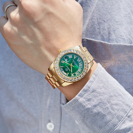 CAGARNY 6886 Diamond-encrusted Roman Numeral Dial Quartz Watch for Men(Silver Shell Green Dial)-garmade.com