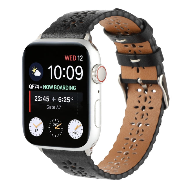 Hollow Genuine Leather Watch Band For Apple Watch Ultra 49mm&Watch Ultra 2 49mm / Series 9&8&7 45mm / SE 3&SE 2&6&SE&5&4 44mm / 3&2&1 42mm(Black)-garmade.com