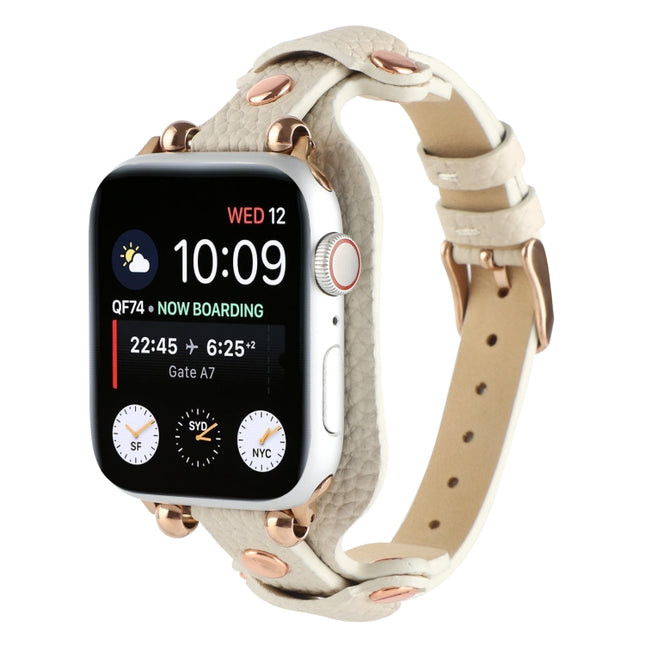Bracelet Genuine Leather Watch Band For Apple Watch Series 9&8&7 41mm / SE 3&SE 2&6&SE&5&4 40mm / 3&2&1 38mm(Beige)-garmade.com