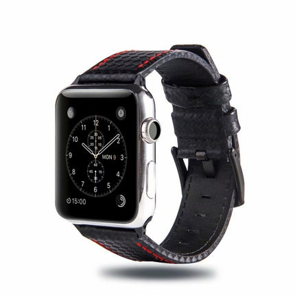 Carbon Fiber Genuine Leather Watch Band For Apple Watch Series 9&8&7 41mm / SE 3&SE 2&6&SE&5&4 40mm / 3&2&1 38mm(Red)-garmade.com