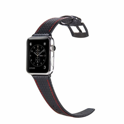 Carbon Fiber Genuine Leather Watch Band For Apple Watch Series 9&8&7 41mm / SE 3&SE 2&6&SE&5&4 40mm / 3&2&1 38mm(Red)-garmade.com