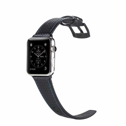 Carbon Fiber Genuine Leather Watch Band For Apple Watch Series 9&8&7 41mm / SE 3&SE 2&6&SE&5&4 40mm / 3&2&1 38mm(Blue)-garmade.com